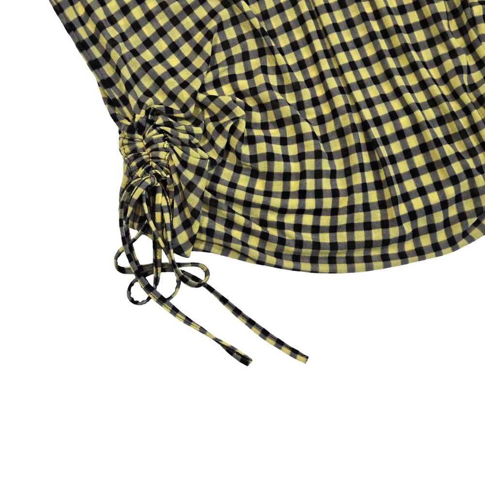 Black & yellow plaid gingham oversized ruched button up short sleeve shirt MD - Picture 2 of 6